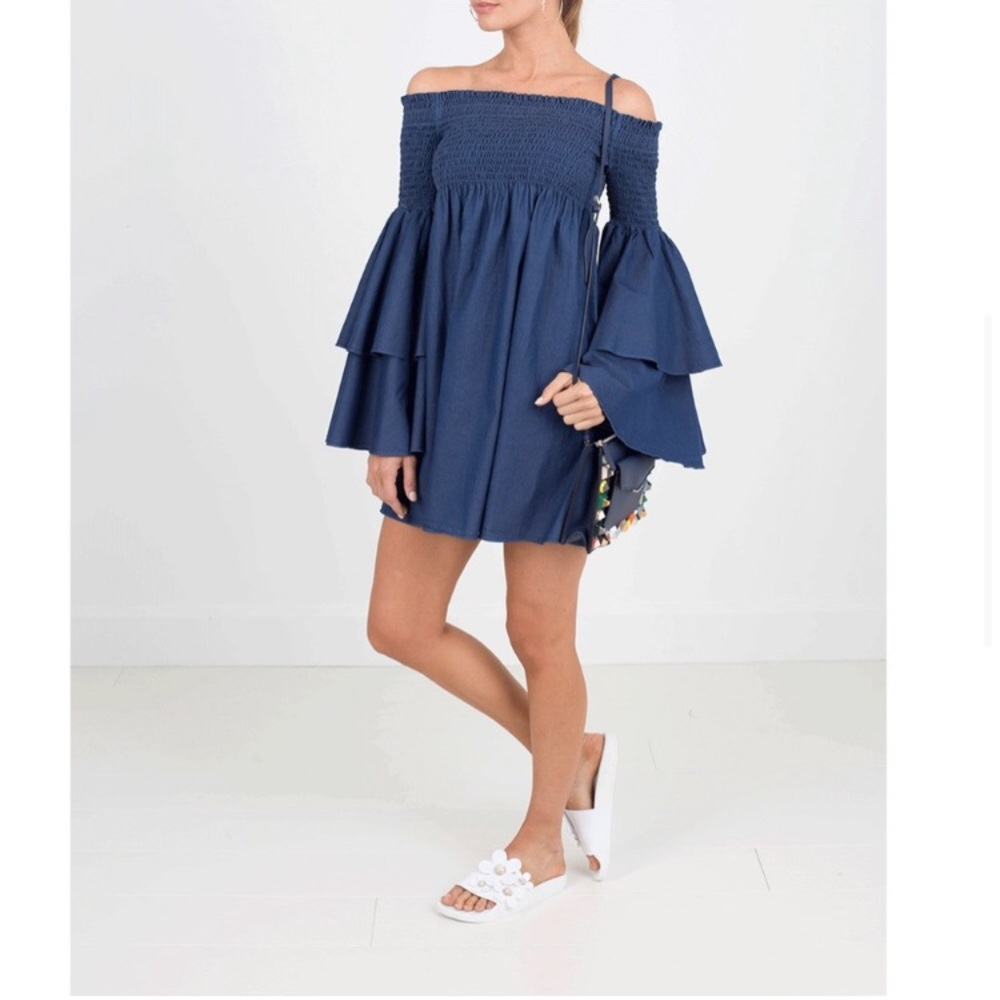 Caroline Constas Layered Bell Sleeve Smocked Off Shoulder Mini Dress in BLACK